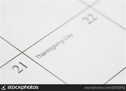 Close up of calendar displaying Thanksgiving Day.