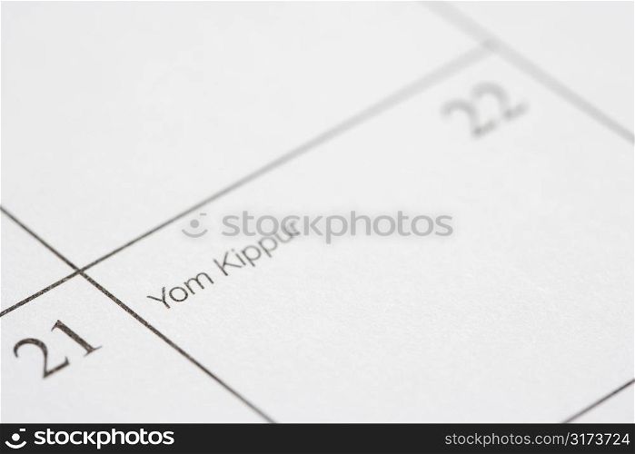 Close up of calendar displaying Yom Kippur.