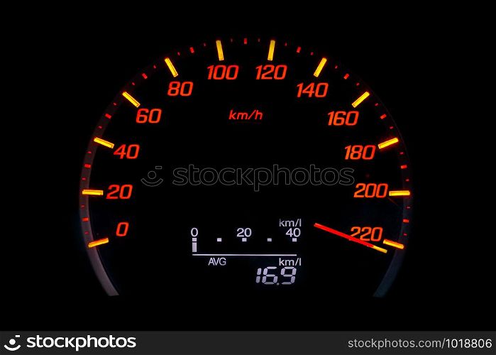 Close up of car speedometer with the needle pointing a high speed at blackground, Speedometer with a red arrow indicating speeding, conceptual image for excessive speeding or careless driving concept