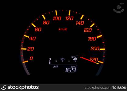 Close up of car speedometer with the needle pointing a high speed at blackground, Speedometer with a red arrow indicating speeding, conceptual image for excessive speeding or careless driving concept