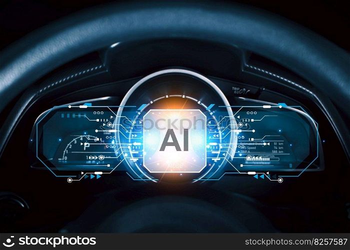 Close up of car steering wheel with AI interface. Artificial intelligence concept, Futuristic car dashboard innovative by AI Artificial intelligence technologies.
