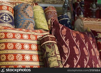 Close-up of carpets at a market stall, Istanbul, Turkey