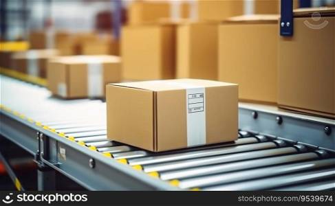 Close-up of Carton Boxes on Conveyor Belt in Warehouse for Products