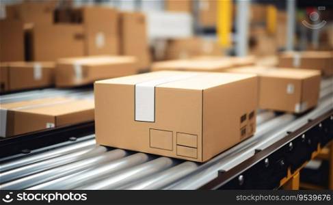 Close-up of Carton Boxes on Conveyor Belt in Warehouse for Products