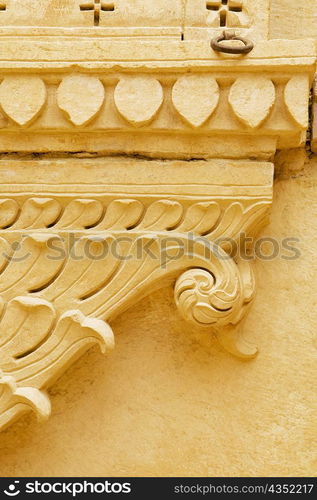 Close-up of carved wall of a palace, Rajmahal, Jaisalmer, Rajasthan, India