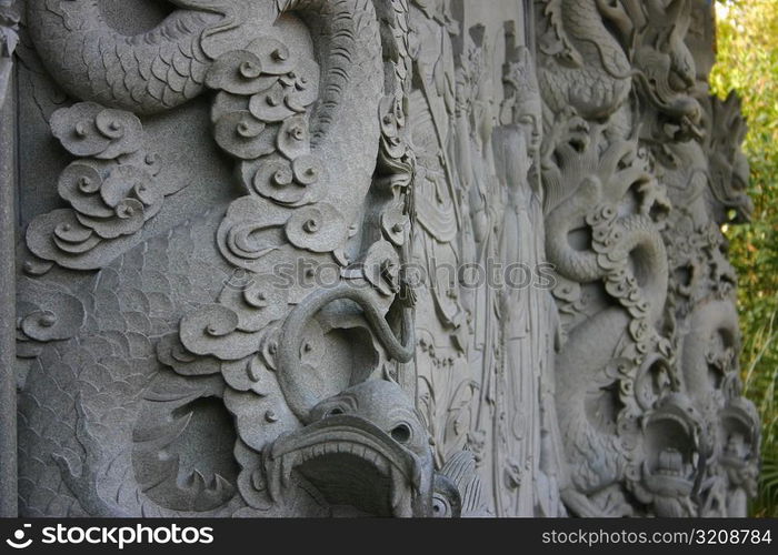 Close-up of carving on a wall, Po Lin Monastery, Ngong Ping, Lantau, Hong Kong, China