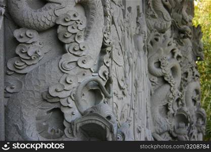 Close-up of carving on a wall, Po Lin Monastery, Ngong Ping, Lantau, Hong Kong, China