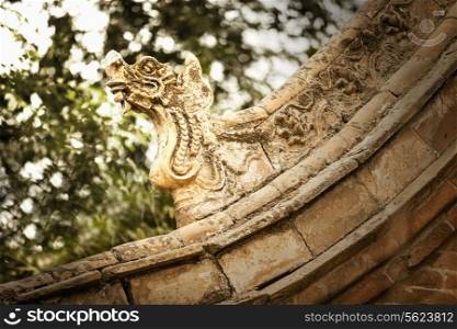 Close-up of carvings on the roof of the pagoda, day, Shanxi Province, China