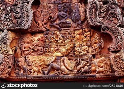 Close-up of carvings on the wall, Banteay Srei, Angkor, Siem Reap, Cambodia