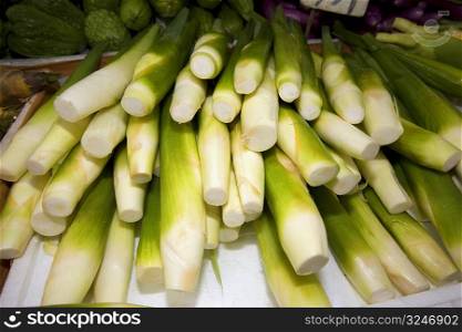 Close-up of celery stalks at a market stall, Hong Kong Island, Hong Kong, China