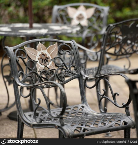 Close-up of chairs at Glover Garden, Nagasaki, Japan
