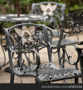 Close-up of chairs at Glover Garden, Nagasaki, Japan