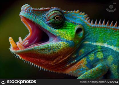 close-up of chameleon’s tongue, flicking out to catch insect, created with generative ai. close-up of chameleon’s tongue, flicking out to catch insect