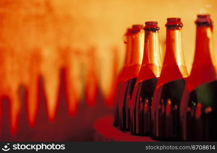 Close-up of champagne bottles in a factory