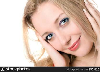 Close-up of cheerful young blond lady. Isolated on white
