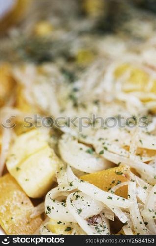 Close-up of chicken garnished with onions