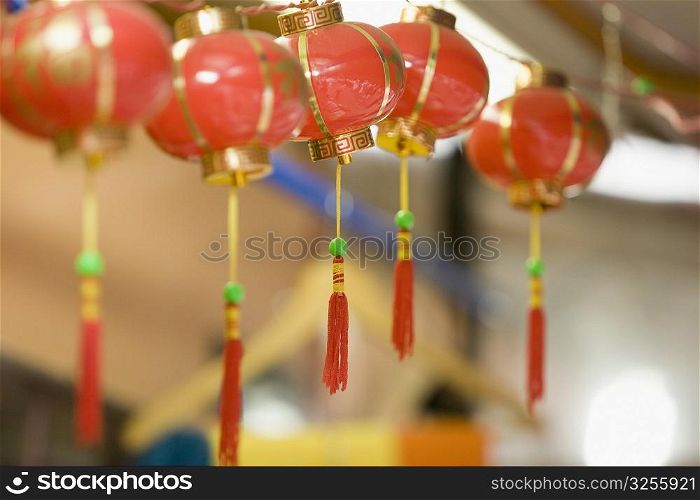 Close-up of Chinese lanterns in a row