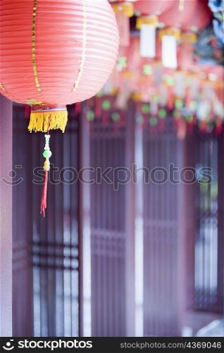 Close-up of Chinese lanterns in a temple
