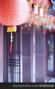 Close-up of Chinese lanterns in a temple