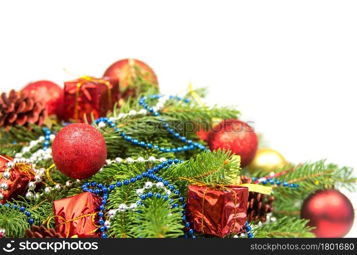 Close up of christmas balls on a fir tree branch with copy space