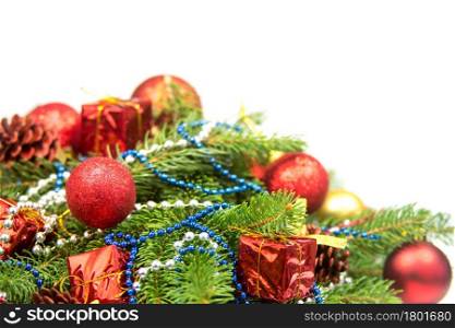 Close up of christmas balls on a fir tree branch with copy space