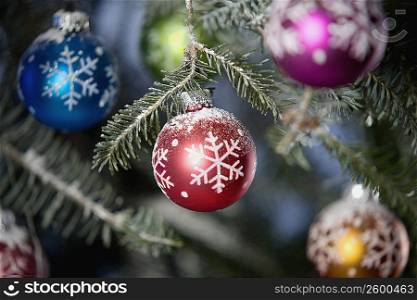 Close-up of Christmas ornaments on a Christmas tree