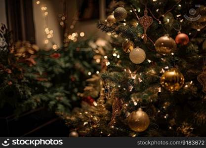 close-up of christmas tree with twinkling lights and decorations, created with generative ai. close-up of christmas tree with twinkling lights and decorations