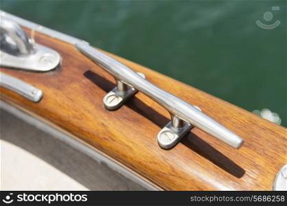 Close-up of cleat on sailing yacht