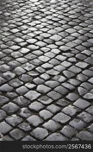 Close-up of cobblestone street in Rome, Italy.