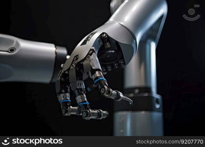 close-up of cobot arm, with intricate fingers and joints in motion, created with generative ai. close-up of cobot arm, with intricate fingers and joints in motion