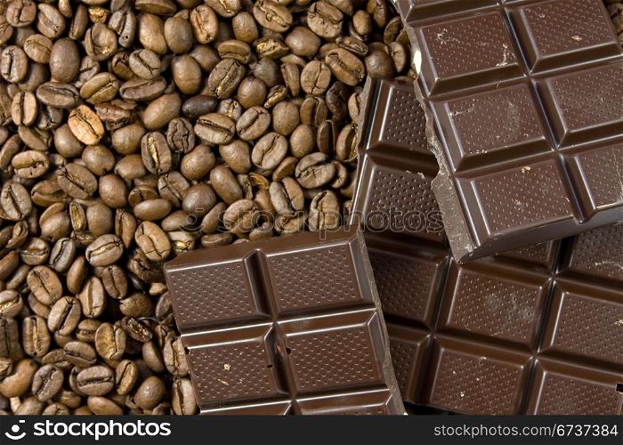 close-up of coffee beans and dark chocolate