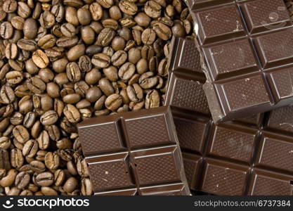 close-up of coffee beans and dark chocolate