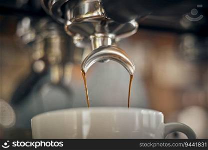Close up of coffee machine pouring espresso in cafe, selective focus
. Close up of coffee machine pouring espresso in cafe