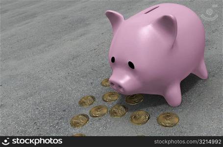 Close-up of coins near a piggy bank