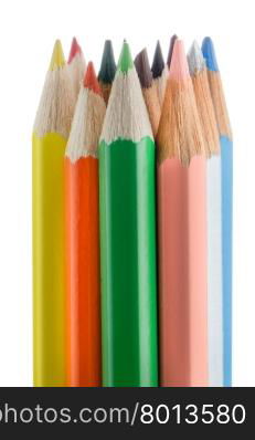 Close up of color pencils with different color over white background