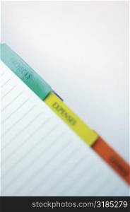 Close-up of colored tabs of a personal organizer