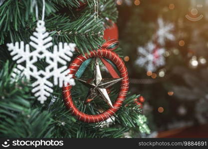 Close up of Colorful balls on Green Christmas tree background Decoration During Christmas and New Year.