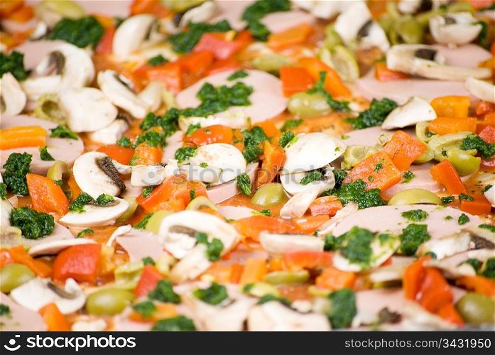close up of colorful homemade pizza ready to be baked