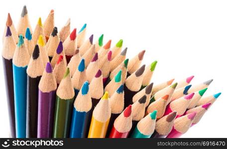 close up of colour pencils isolated on white background. many colored pencils. art background