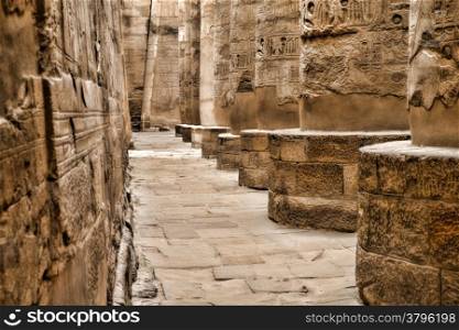 Close up of columns covered in hieroglyphics, Karnak, Egypt.