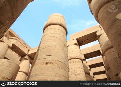 Close up of columns covered in hieroglyphics, Karnak, Egypt.