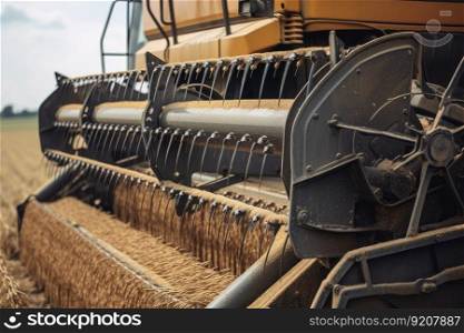 close-up of combine harvester, with its blades and conveyor belt in motion, created with generative ai. close-up of combine harvester, with its blades and conveyor belt in motion