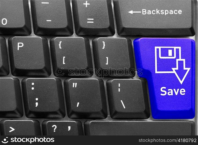 Close-up of Computer keyboard, with blue &acute;Save&acute; key