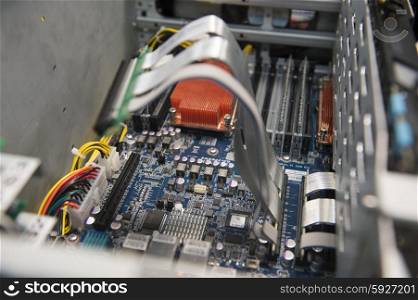 Close-up of computer motherboard in manufacturing industry