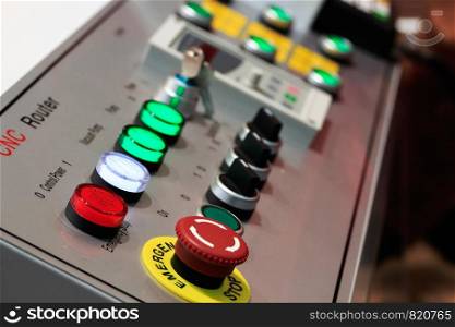 Close up of control panel of CNC router. Selective focus.