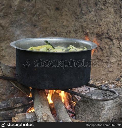 Close-up of cooking pot on open fire, Punakha, Punakha District, Bhutan