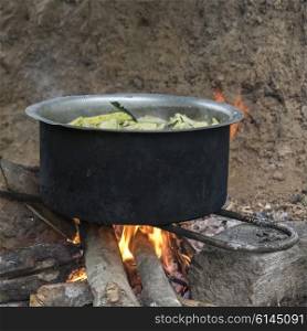 Close-up of cooking pot on open fire, Punakha, Punakha District, Bhutan