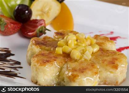 Close-up of corn cakes in a plate