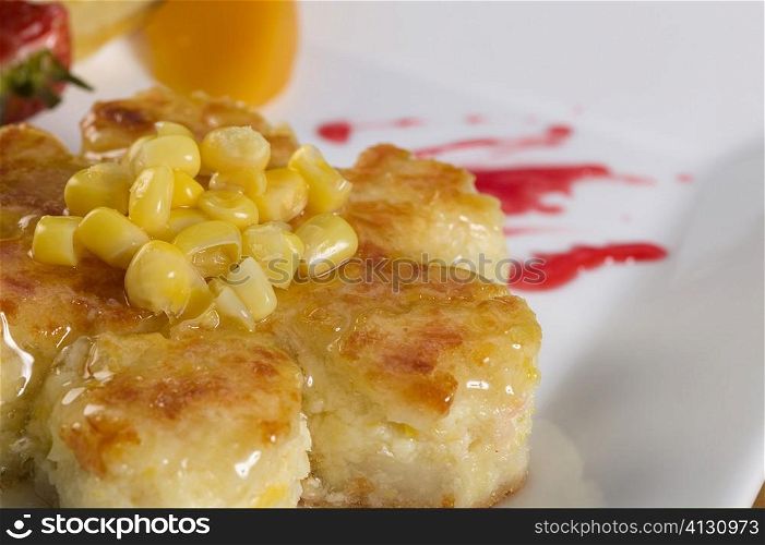Close-up of corn cakes in a plate