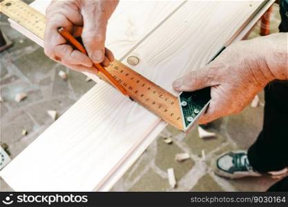 Close-up of craftsman hands in measuring wooden plank with angular ruler and pencil. Woodwork concept.